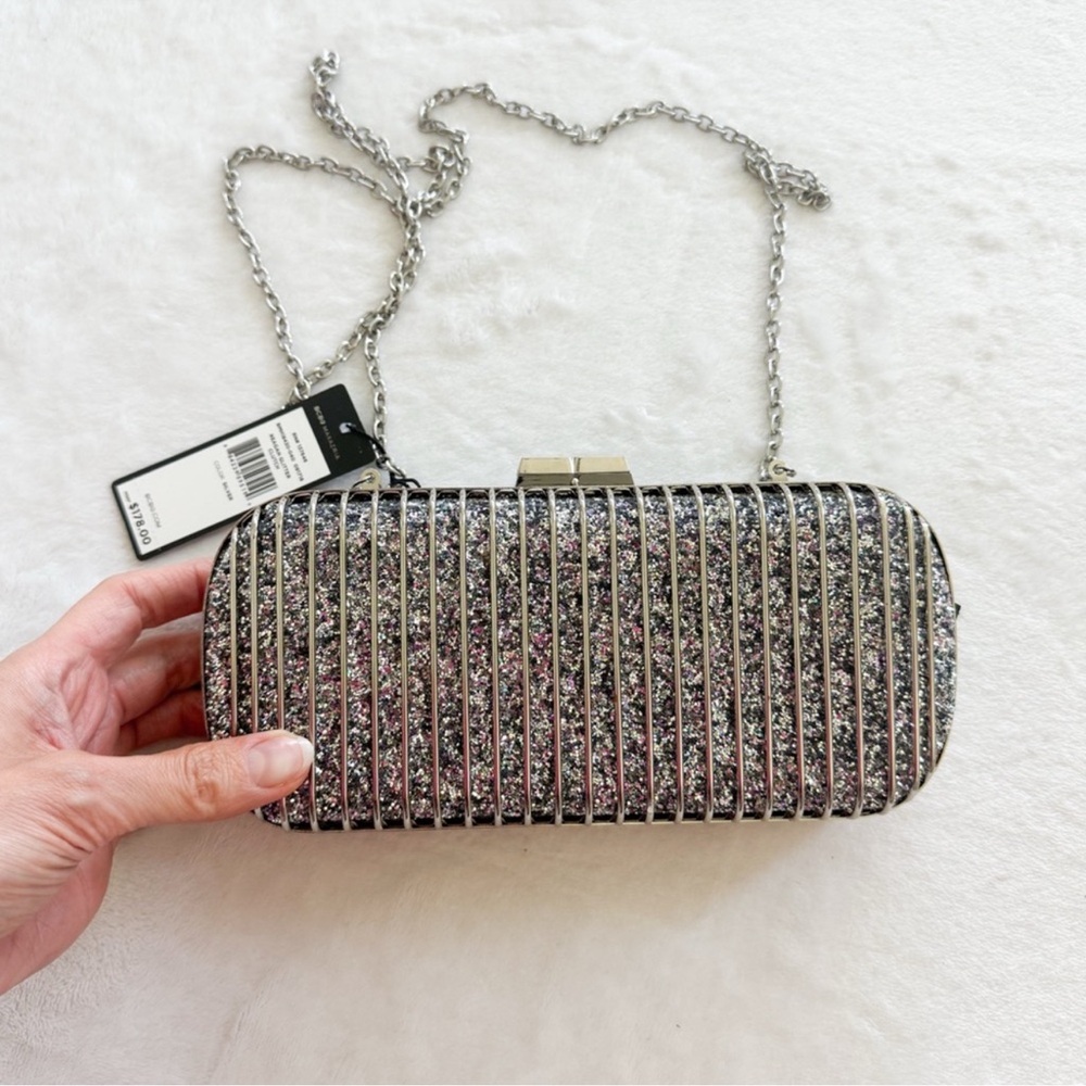 BCBGMAXAZRIA Silver Glitter Clutch w/ Chain Strap | NWT